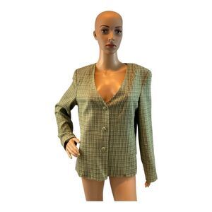 Karen Scott Women's Green Tweed V-Neck Career Jacket Blazer Size 12.